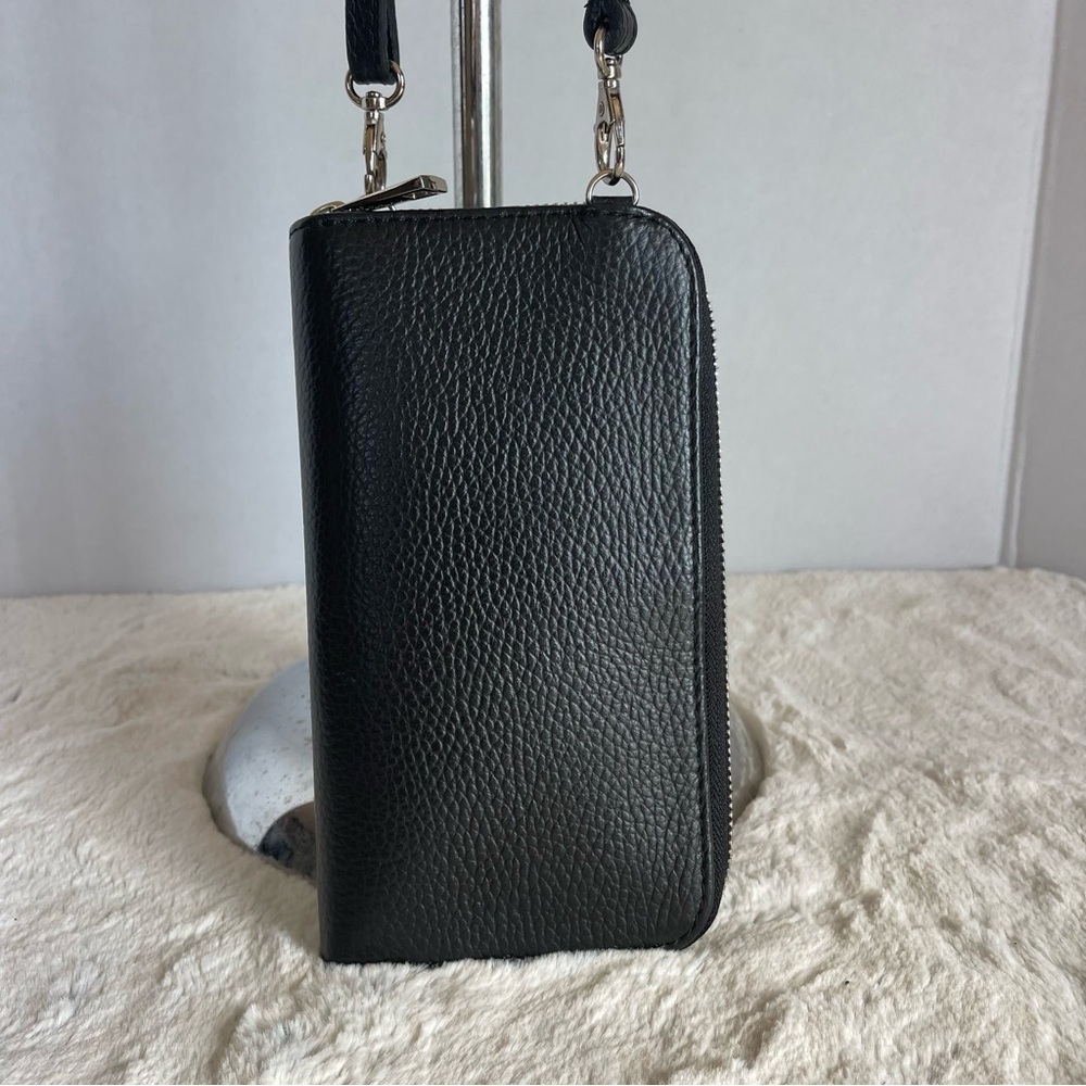 VERA PELLE Black Leather Crossbody Wallet And Phone Pocket